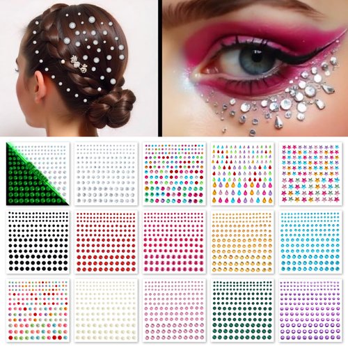 FACEGEM LONDON 15 Sheet Face Gems Rhinestone -SELF ADHESIVE- Rhinestones for Eyes Face Body Nails, Face Glitter, Nail Gems Rhinestone, Face Jewels Rhinestone for Party, Rave Festival, Make up
