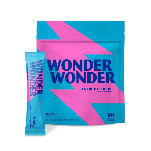 WonderWonder Energy Drink Powder Packets, Energy and Focus Supplement | Electrolytes Powder Packets & Energy Drink Mix | All Natural Focus Drink Mix and Hydration Powder | 16 Energy Pouches, Berry