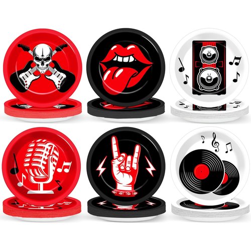 60Pcs Rock Theme Party Paper Plates for Music Birthday 9in 1950's Record Party Disposable Dessert Cake Tableware Dinnerware Set for Kids Baby Shower Decoration Anniversary 50s 60s Theme Party Supplies