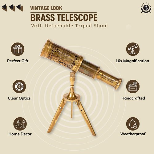 Antiqula Vintage Brass Decor Telescope on Tripod, Antique Pirate Spyglass with Gift Box, Monocular Nautical Handheld Telescope Ideal for Home Decor, Gifting, Traveling, Kids, Bookshelf & Office Desk