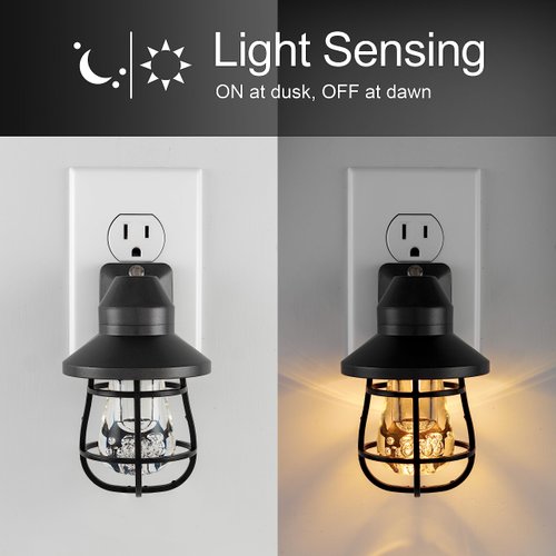 GE Vintage LED Night Light, Plug-in, Dusk-to-Dawn Sensor, Farmhouse, Rustic, Home Decor, UL-Certified, Ideal for Bedroom, Bathroom, Kitchen, Hallway, 44737,Acrylic, Black, 2 Pack