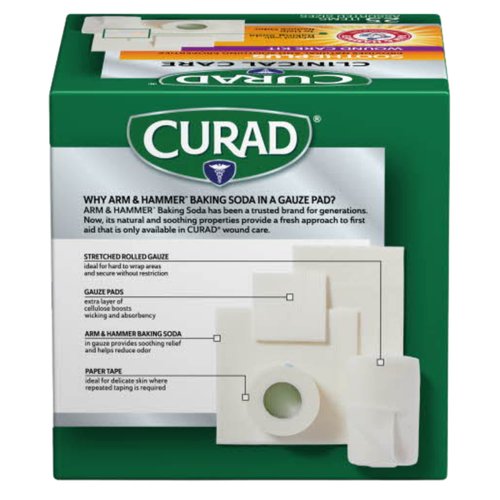 Curad SoothePlus Wound Care Kit with Arm & Hammer Baking Soda, Assorted Pack of Gauzes and Tape, 25 Count