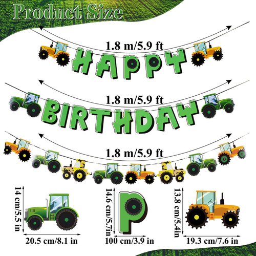 SUNBEAUTY Green Tractor Happy Birthday Banner Set with Tractor Garland Banner for Tractor Farm Themed Birthday Party Supplies Decorations | Pre-Strung