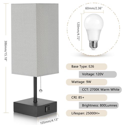 GGOYING Bedside Table Lamp, Modern Nightstand Lamp with USB Charging Ports, Pull Chain, 2700K LED Bulb, Grey Fabric Shade for End Table Living Room Home Office Study Room