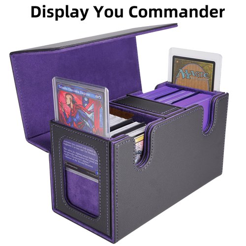 AFIING MTG Commander Card Storage Box - Fits 200 Double Sleeved Cards,3-in-1Card Deck Case,Strong Magnet Card Organizer For Magic Commander TCG CCG,4Dividers &2 Toploaders, Black/Purple