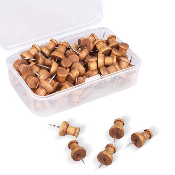 120 Pcs Wood Push Pins, Walnut, Standard, Wooden Thumb Tacks Decorative for Cork Boards Map Photos Calendar and Home Office Craft Projects with Box