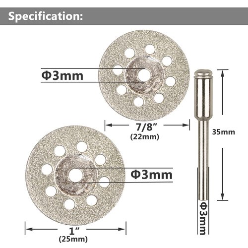 Yakamoz 20Pcs Mini Diamond Cutting Wheel Metal Cut Off Discs Tile Cutting Blade Stone Rotary Cutter Tool Accessories with Mandrel 3mm Shank, 22mm 25mm Cutting Dia.