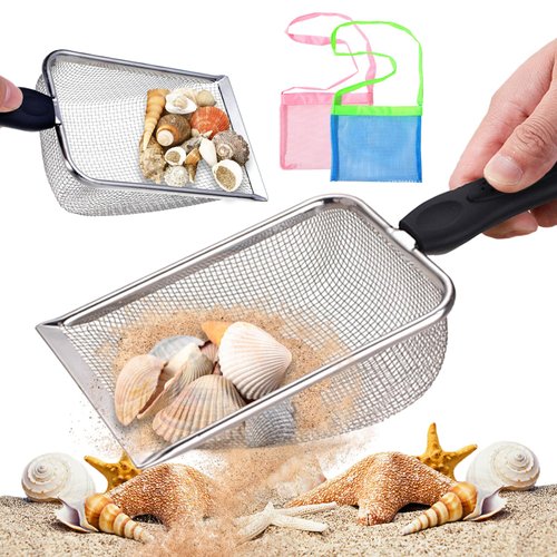 TUSAUW 4Pcs Shark Tooth Sifter and Mesh Bag for Shell Collecting, Sand Sifter for Beach Shark Tooth Sifter for The Beach, Beach mesh Shovel for Boys and Girls Picking Up Shell
