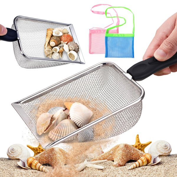 TUSAUW 4Pcs Shark Tooth Sifter and Mesh Bag for Shell Collecting, Sand Sifter for Beach Shark Tooth Sifter for The Beach, Beach mesh Shovel for Boys and Girls Picking Up Shell