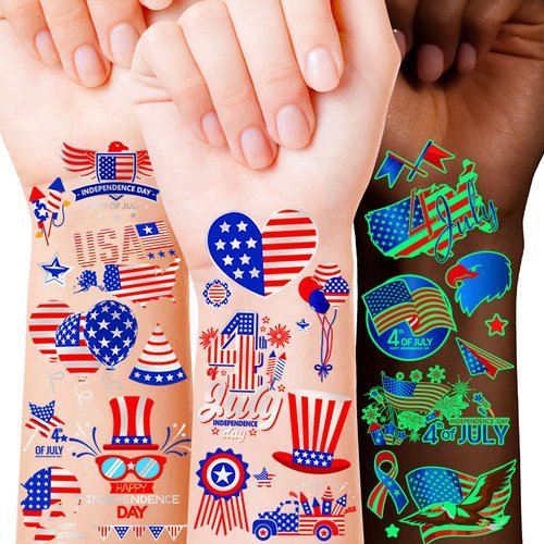 Sixberry Glow in the Dark 4th of July Temporary Tattoos for Kids Adults, 181pcs Metallic Silver Red White and Blue USA Flag Tattoo Stickers for Patriotic Independence Day Party Decorations Favors