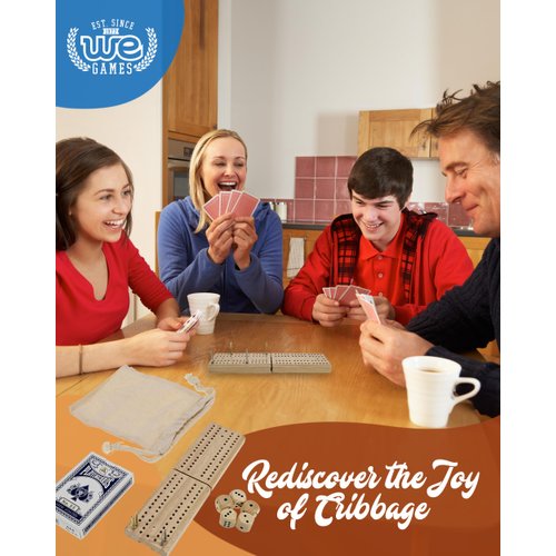 WE Games Cribbage Board Game Set, Travel Crib Board with Storage Slot and Drawstring Bag for Card Storage, Foldable 2 Track Cribbage Board with Cards, Metal Pegs and Dice, Mini Board Games