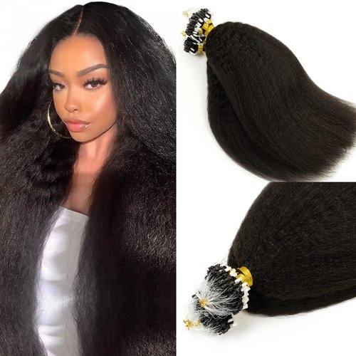 Lacerhair Kinky Straight Microlink Hair Extensions Human Hair Individual Coarse Straight Natural Black Micro Beaded Hair Extensions Real Human Hair for Black Hair Extensions 100 Gram 16 Inch 1g/Strand