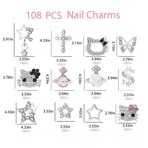 112 PCS Nail Charms Bulk Set for Kawaii Kitty Charms Bling Cute Cross Star Charms Nail Charms and Gems 3D Silver Y2K Nail Charms with Rhinestones Nail Art Accessories