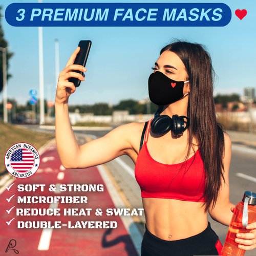 Arcarius Black with Red Heart Fashion Face Mask, Moisture Wicking, Breathable, Washable, Lightweight, Reusable Comfort Fashion Sport for Women Men Teens 3 Pack