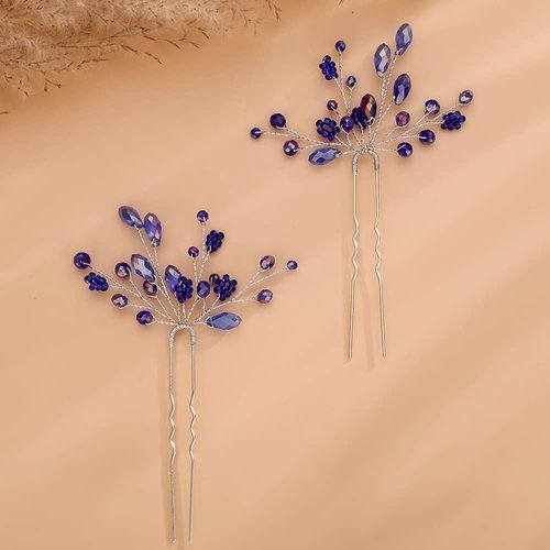 Teyglen 2pcs Crystal Bride Wedding Hair Pins Blue Rhinestones Beads Hair Pins Set Bridal Hair Accessories Gold Silver Purple Red Rhinestones Hair Pieces for Women Girls (Blue)