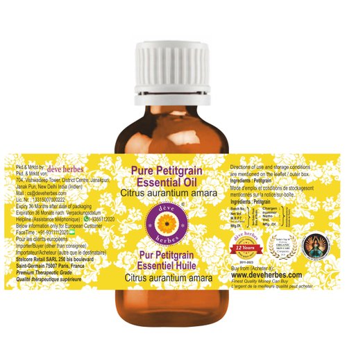 Deve Herbes Pure Petitgrain Essential Oil (Citrus aurantium Amara) Steam Distilled 10ml (0.33 oz)