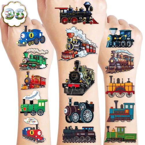 8 Sheets (96PCS) Train Temporary Tattoos Trains Transportation Theme Birthday Party Supplies Decorations Favors Decor Stickers for Kids Gifts Classroom School Prizes Rewards