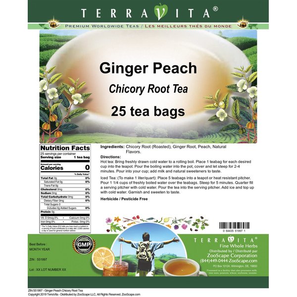 Ginger Peach Chicory Root Tea (25 tea bags, ZIN: 551997)