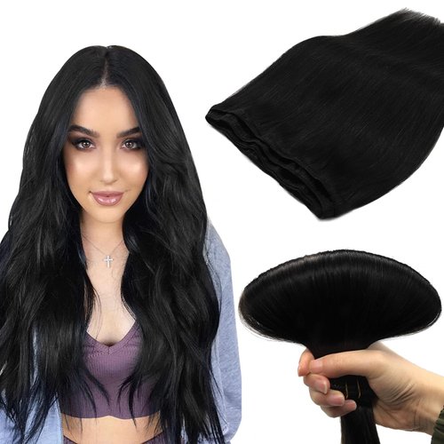 DOORES Sew in Hair Extensions 18 Inch 100g Jet Black Human Hair Extensions Sew in Full Head Set Remy Hair Extensions Weft, Weave Hair Extensions for Women