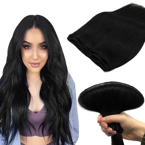 DOORES Sew in Hair Extensions 18 Inch 100g Jet Black Human Hair Extensions Sew in Full Head Set Remy Hair Extensions Weft, Weave Hair Extensions for Women
