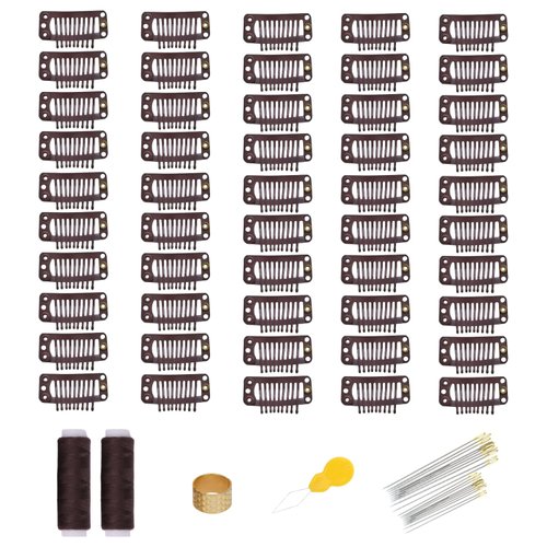 70pcs Hair Extension Clips Wig Making Set, 9-teeth Stainless Steel Snap Clips for Wigs and Hair Extensions and Hairpieces (Brown, 9-teeth)
