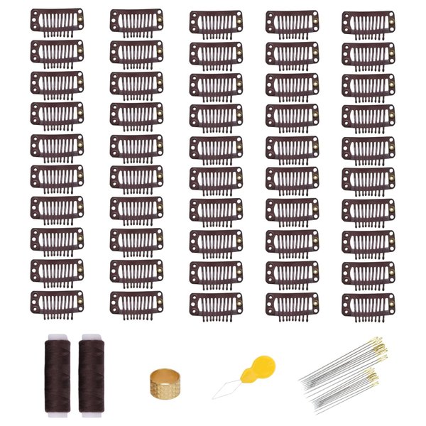 70pcs Hair Extension Clips Wig Making Set, 9-teeth Stainless Steel Snap Clips for Wigs and Hair Extensions and Hairpieces (Brown, 9-teeth)