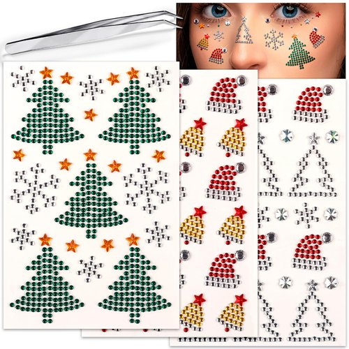 3 Sheets Christmas Rhinestone Sticker Self Adhesive Face Gems Stick on Star Snowflake Christmas Tree Face Jewels Tattoo stickers Crystal for Body Nails Crafts Makeup Winter Holiday Xmas Decoration