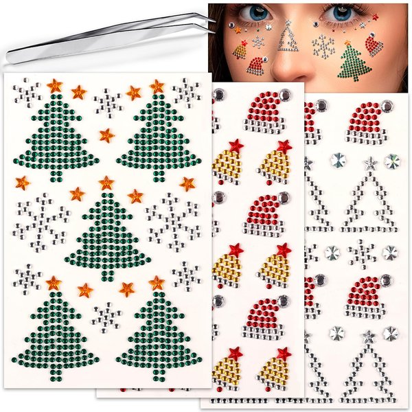 3 Sheets Christmas Rhinestone Sticker Self Adhesive Face Gems Stick on Star Snowflake Christmas Tree Face Jewels Tattoo stickers Crystal for Body Nails Crafts Makeup Winter Holiday Xmas Decoration