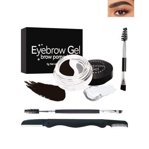 Eyebrow Gel Brow Pomade Set-2 in 1 Waterproof Tinted Brow Cream Gel Ebony & Clear Brow Setting Glue Wax,Filling & Shaping Tinted Brow Filler with Brow Brush Razor,Brow Color Makeup for Women Girl-#06