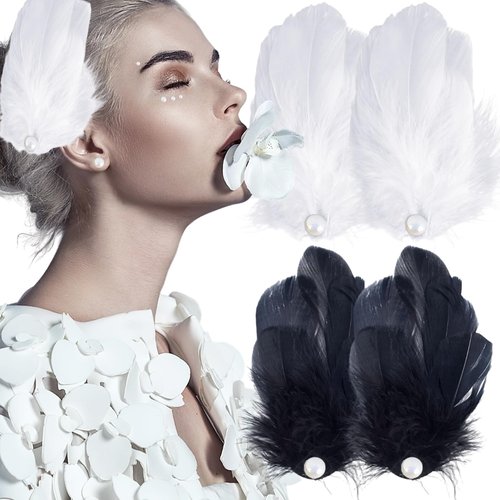 4 Pack Black White Feather Hair Clip Ballet Style Pearl Ostrich Hairpins Swan Feather Hair Barrettes Accessories for Women Girls Bride Wedding Halloween Christmas Cosplay Dancing Party Accessory