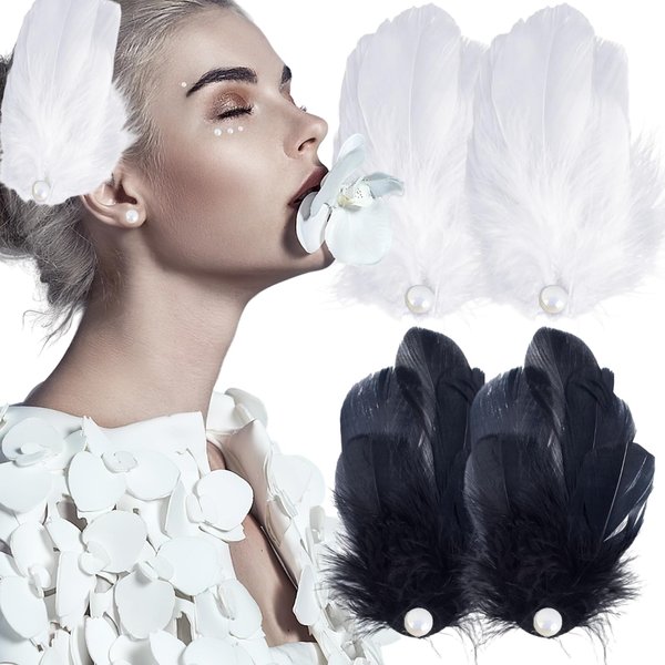 4 Pack Black White Feather Hair Clip Ballet Style Pearl Ostrich Hairpins Swan Feather Hair Barrettes Accessories for Women Girls Bride Wedding Halloween Christmas Cosplay Dancing Party Accessory