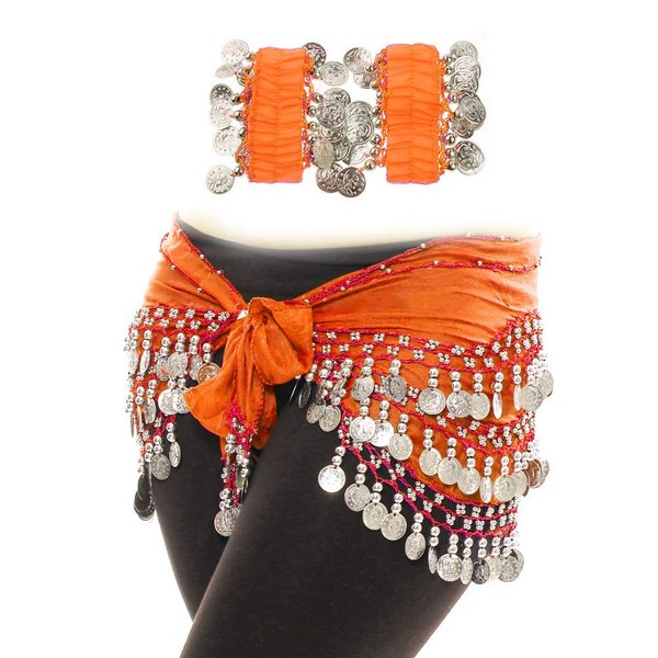 Aulufft Cooyeah 1 PCS Belly Dance Skirt and 2 PCS Belly Dance Wrist Ankle Bracelets Orange