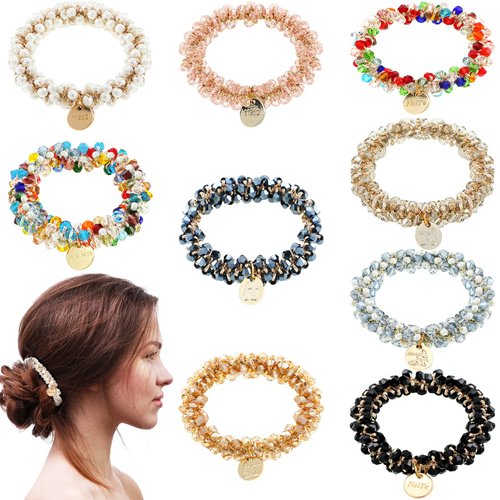 9 Pcs Hair Ties Crystal Elastic Hair Scrunchies Stretchy Hair Accessories Bead Ponytail Holders Boho Hair Elastics Ties Handmade Hair Bands for Women Rubber Bands (Cute Style)