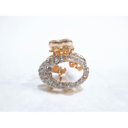 Small mini rose gold oval shaped hair claw clip with pearl and crystals