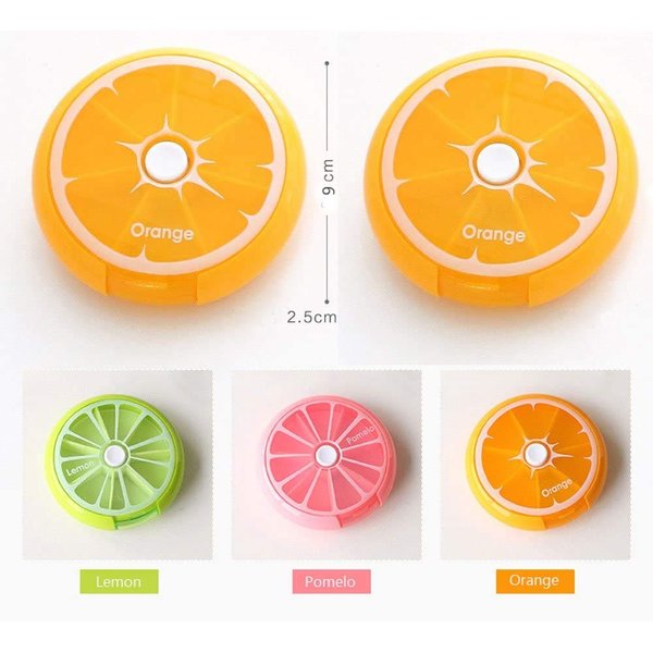 Auch 3 PCS Portable Rotating 7 Day Weekly Pill Organizer Travel Medicine Tablet Holder Storage Case Box Dispenser, Cute Fruit Style, Pack of 3 (Orange/Lemon/Pomelo)