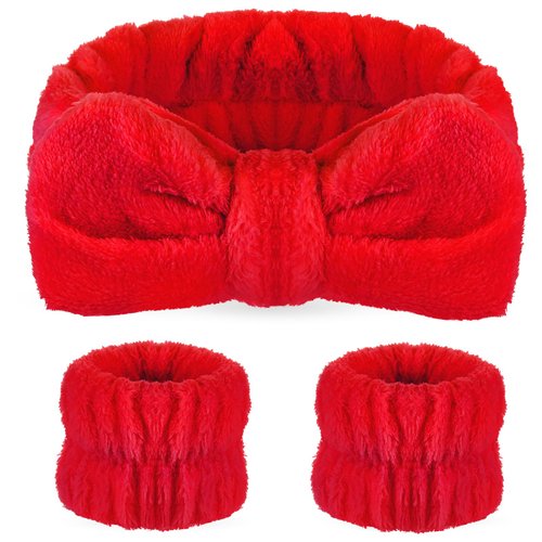 Hanaive 3 Pcs Red Face Wash Headband Wristband Set for Women SPA Bow Headbands Soft Facial Makeup Headband for Washing Face Shower Hair Supplies Christmas Skin Care Gift Winter