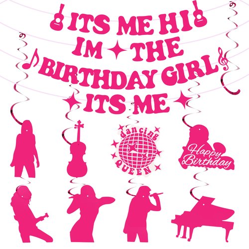 Taylor Birthday Decorations Its Me Hi Im the Birthday Girl Its Me Banner, NO-DIY Popular Singer Pink Birthday Banner and Hanging Swirls for Fans Girls Women Birthday Party Decorations