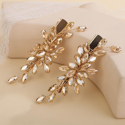 Rumtock 2pcs Champagne Rhinestones Beads Hair Clip for Wedding Brides Women Hair Piece Easy to We...