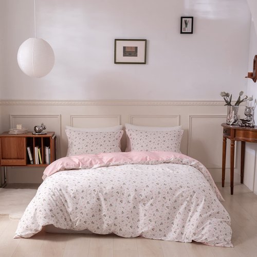 DREAMINGO Rerversible Floral Duvet Cover Queen Cotton Floral Bedding Sets Garden Botanical Flowers Aesthetic Room Decor for Girls Women Vintage Floral Comforter Cover White Pink Zipper Closure