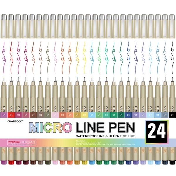 CHARSOCO 01 Micro Pen, Fine Point Pen with 24 Colors, Waterproof Archival Ink, 0.25mm Fineliner Ink Pens for Artist Illustration, Sketching, Anime, Manga, Technical Drawing and Scrapbooking