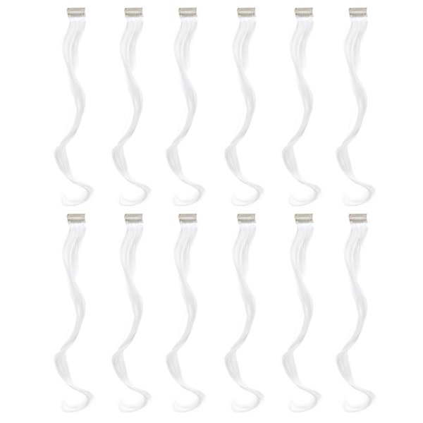SWACC 12 Pcs Curly Wavy One Color Party Highlights Clip on in Hair Extensions Colored Hair Streak Synthetic Hairpieces (White)