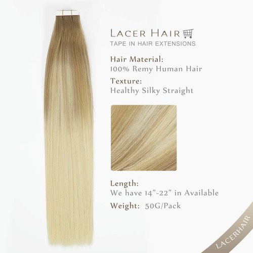 LacerHair Balayage Tape in Hair Extensions Human Hair Double Side Tape Seamless Skin Weft Ombre Light Brown Fading to Platinum Blonde B#8/60 50 Grams 20Pcs 20 Inch