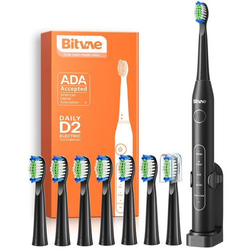 Bitvae Electric Toothbrush for Adults - Ultrasonic Electric Toothbrushes with 8 Brush Heads, ADA Accepted Power Rechargeable Toothbrush with 5 Modes, Smart Timer, Black D2