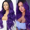 FUGADY Purple Body Wavy Wig Lace Front Wig Dark Root Purple Synthetic Lace Front Curly Wigs for Black Women Pre Plucked with Baby Hair Heat Resistant Synthetic Wigs Daily Party Cosplay Use (Synthetic| 13 * 4|24Inches)