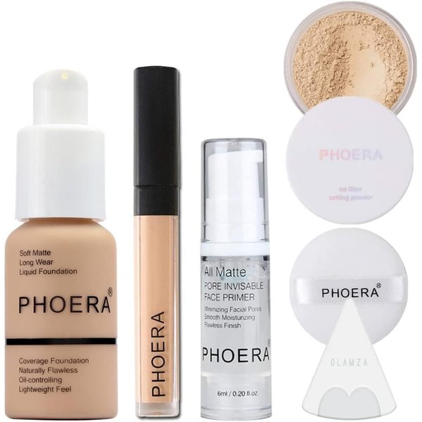 Glamza Full Coverage Makeup Set with Foundation (102 Nude), Concealer Stick (102 Neutral), Primer Gel, Setting Powder, Make Up Pad & Sponge - Complete Face Cosmetics Kit for Women