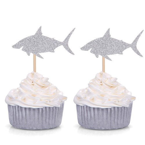 Pack of 24 Silver Shark Cupcake Toppers Boy&#39;s Birthday Party Decorations