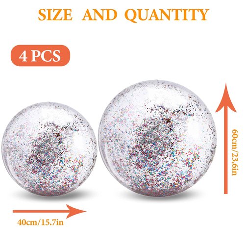 4 Pack 24Inch Glitter Beach Balls Inflatable Confetti Sports Beach Balls 16 Inch Floatable Sequin Beachballs Pool Toys Balls Giant Clear Beach Ball Bulk for Summer Beach Favor Swimming Pool Party Toy