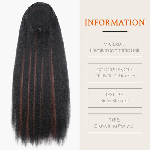 WIGNEE 28 Inches Kinky Straight Ponytail Extension Synthetic Drawstring Ponytail For Black Women Yaki Pony Tails Hair Extensions (28 Inches, 1B/30 Highlights)