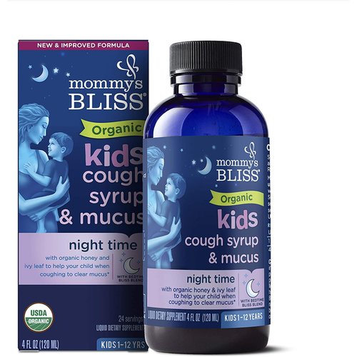 Mommy's Bliss Organic Kids Cough Syrup & Mucus Relief for Night Time, Agave & Honey, Ivy Leaf, Zinc, Vitamin C, Herbal Nighttime Blend, 4 Fl z