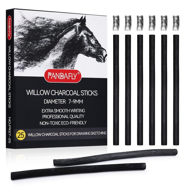 PANDAFLY Willow Charcoal Sticks, Soft, Black Artist Vine Charcoal for Artists, Beginners, Students, Great for Sketching, Drawing, Shading and Fine Art, 7-9mm, 25 Pack